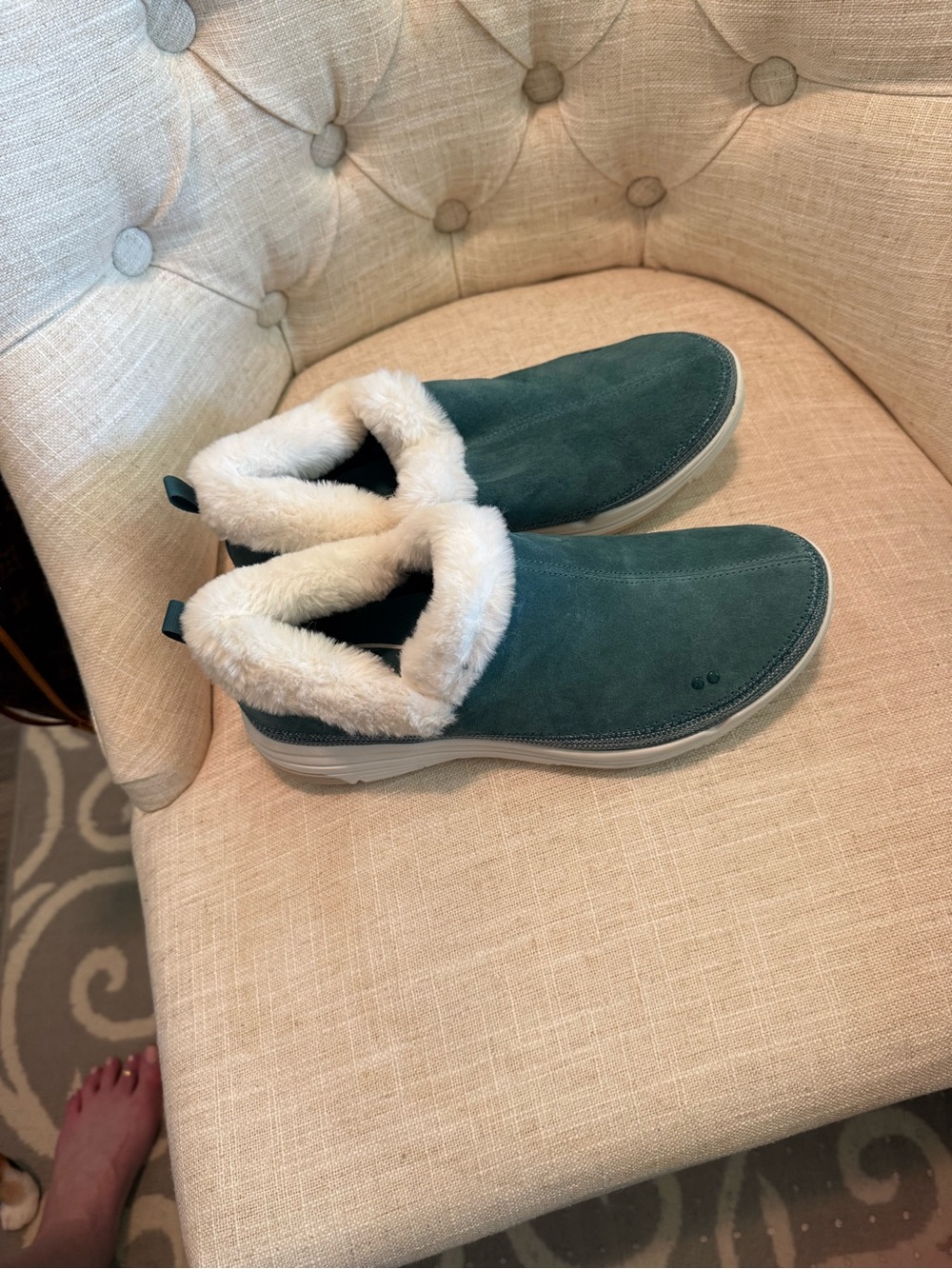 Ryka Teal Suede Slip-On Shoes with Faux Fur Trim